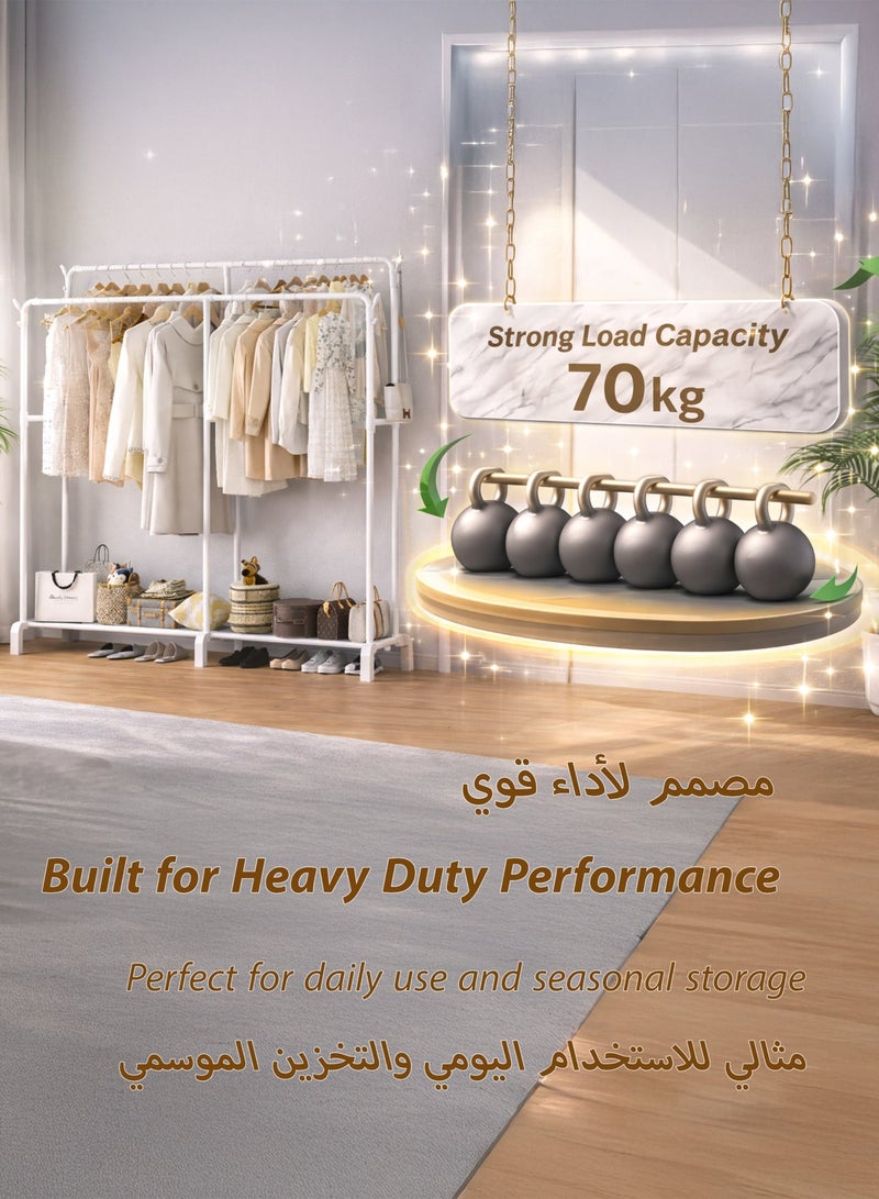 توشيونيكس رف ملابس مزدوج القضبان شديد التحمل، رف تجفيف ملابس مزدوج الطبقات، منظم ملابس، خزانة مفتوحة مع قضبان تعليق من طبقتين ورف تخزين سفلي، أنابيب فولاذية قوية 19 مم، سعة تحميل كبيرة 70 كجم، يتميز بقضيبين أفقيين لتعليق الملابس، مناسب لغرفة الغسيل، الشرفة، غرفة النوم، الشراشف، الألحفة، البطانيات، المعاطف، التنانير، القمصان، القبعات، حامل سترات، 181 سم، أبيض - Image 4